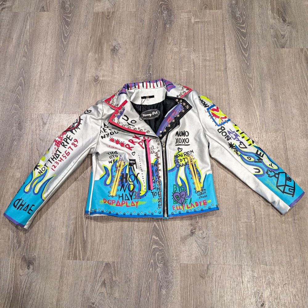 NWT Honey Pot SX Silver Graffiti Studded Faux Leather Moto Biker Jacket XL